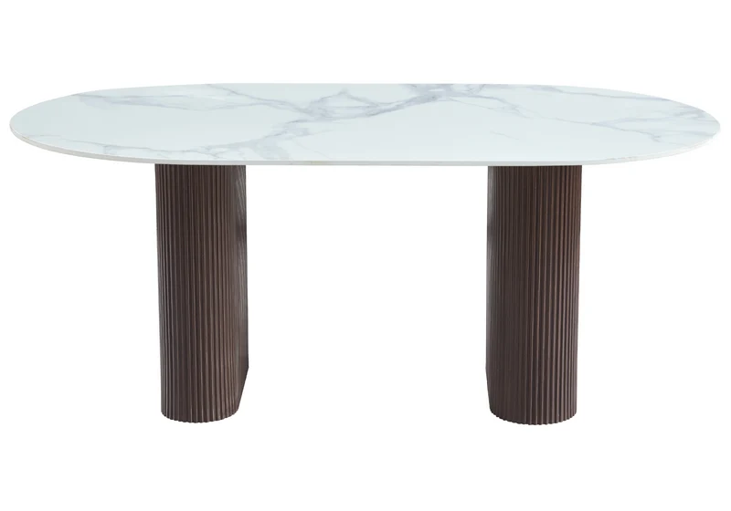 Table à manger ovale effet marbre blanc pieds noyer - Serena