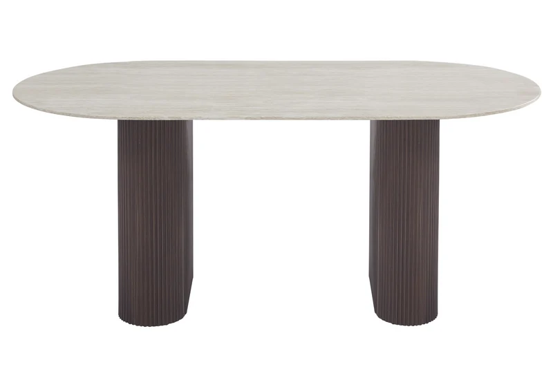 Table à manger ovale effet travertin pieds noyer - Serena