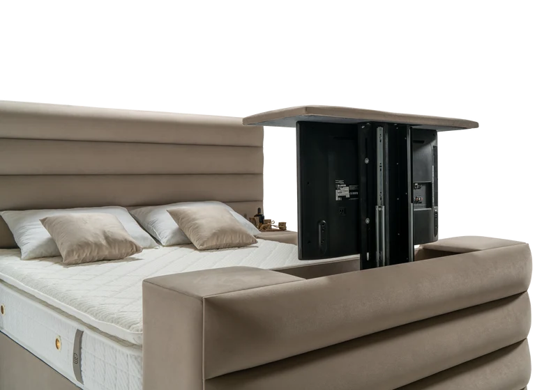 Lit coffre capitonné taupe avec système TV – WAVE