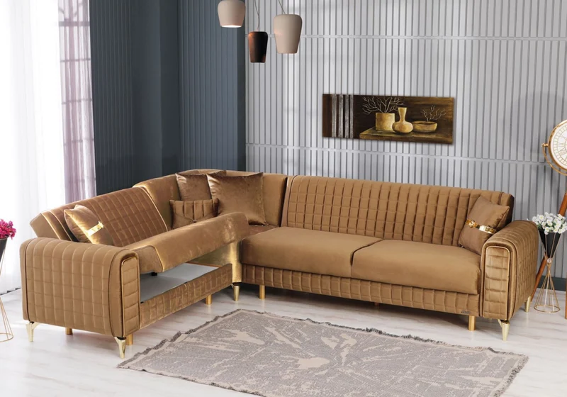 Canapé d'angle velours camel convertible coffre – ATLAS