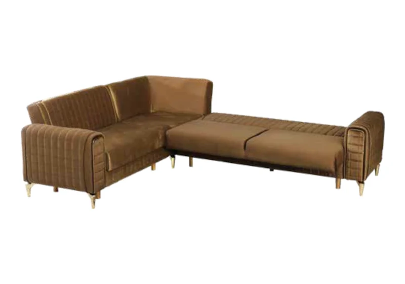 Canapé d'angle velours camel convertible coffre – ATLAS
