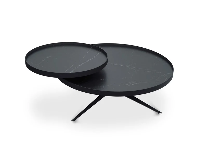 Table basse ronde 2 plateaux pivotants en céramique et métal noir MIRANY