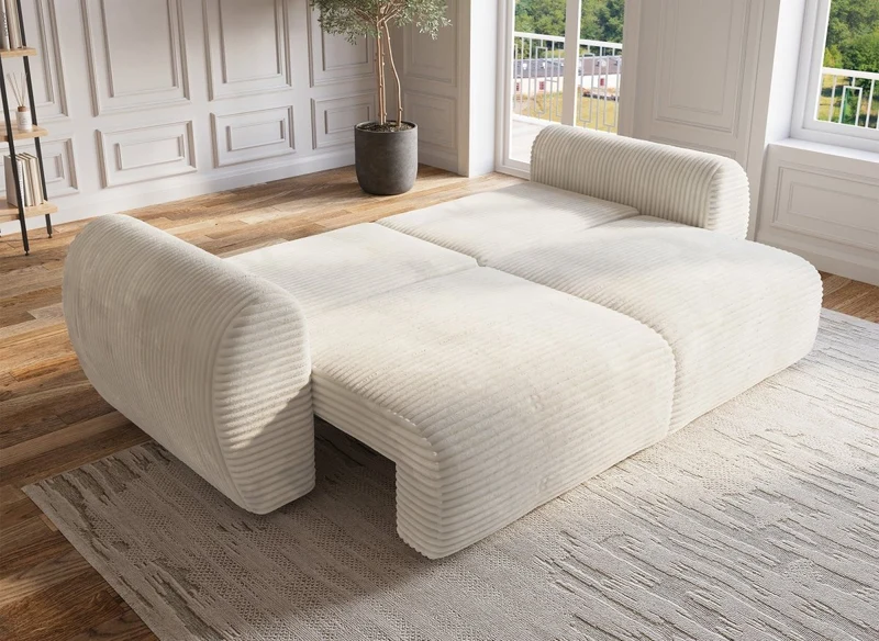 Canapé convertible 3 places avec coffre en gros côtelé doux beige TILDA