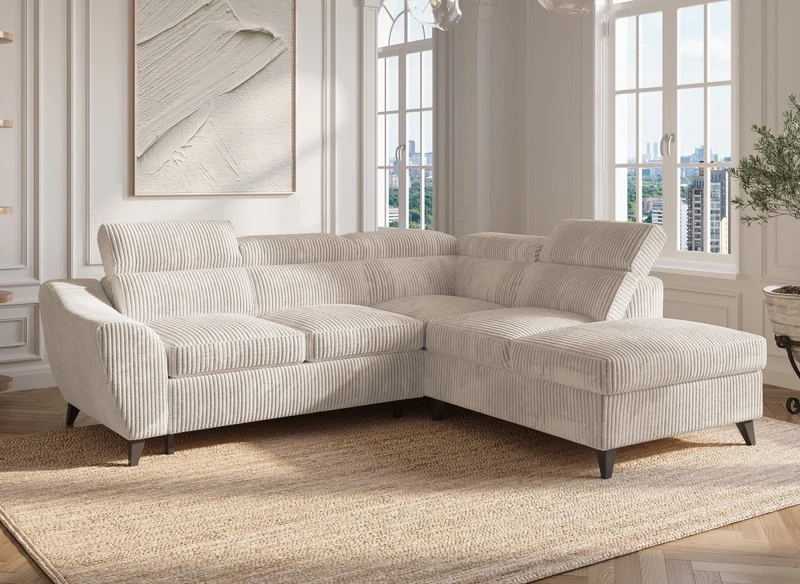 Canapé d'angle convertible avec coffre en velours côtelé épais beige DALTON - Angle droit