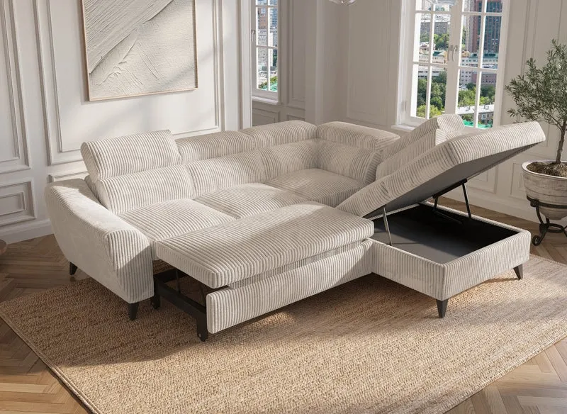 Canapé d'angle convertible avec coffre en velours côtelé épais beige DALTON - Angle droit