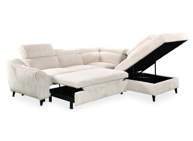 Canapé d'angle convertible avec coffre en velours côtelé épais beige DALTON - Angle droit