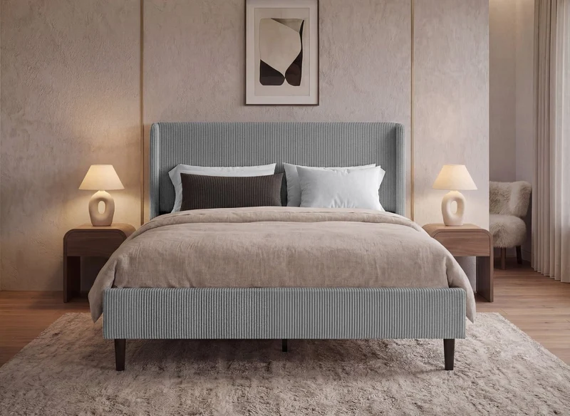 Lit double en velours côtelé épais gris clair 140x190cm LEVY