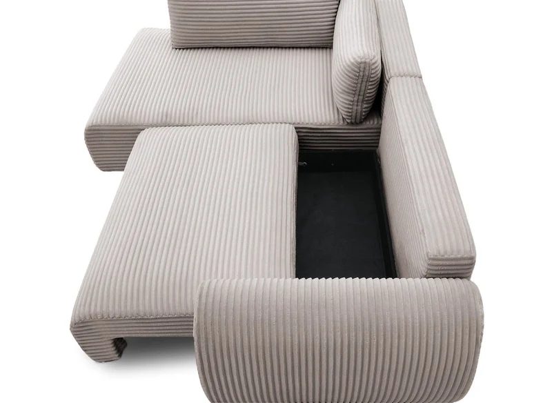 Canapé d'angle convertible avec méridienne et coffre en gros côtelé doux taupe TILDA - Angle gauche