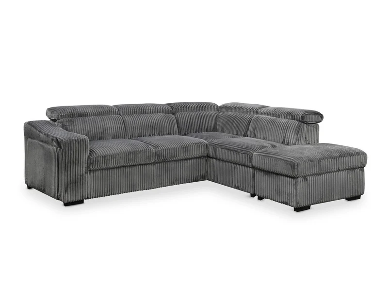 Canapé d'angle convertible avec coffre en velours côtelé gris MARTY - Angle droit