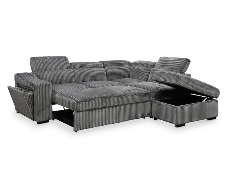 Canapé d'angle convertible avec coffre en velours côtelé gris MARTY - Angle droit