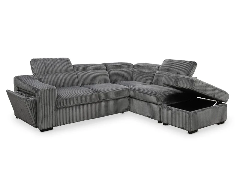 Canapé d'angle convertible avec coffre en velours côtelé gris MARTY - Angle droit