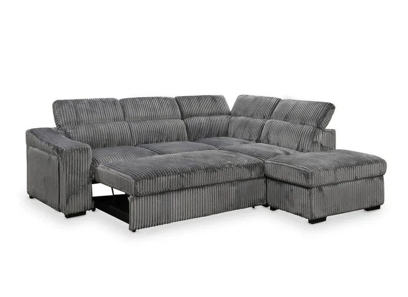Canapé d'angle convertible avec coffre en velours côtelé gris MARTY - Angle droit