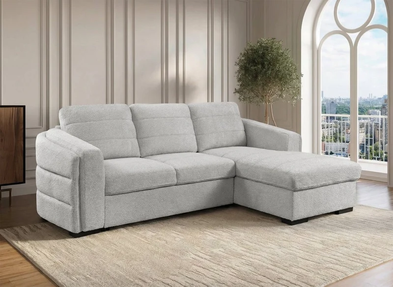 Canapé d'angle convertible avec coffre en tissu bouclette gris clair CALANDRA - Angle droit