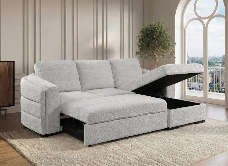 Canapé d'angle convertible avec coffre en tissu bouclette gris clair CALANDRA - Angle droit