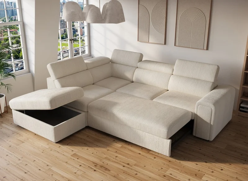 Canapé d'angle convertible avec coffre en velours côtelé épais beige ZENOVA - Angle gauche
