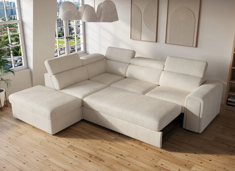Canapé d'angle convertible avec coffre en velours côtelé épais beige ZENOVA - Angle gauche