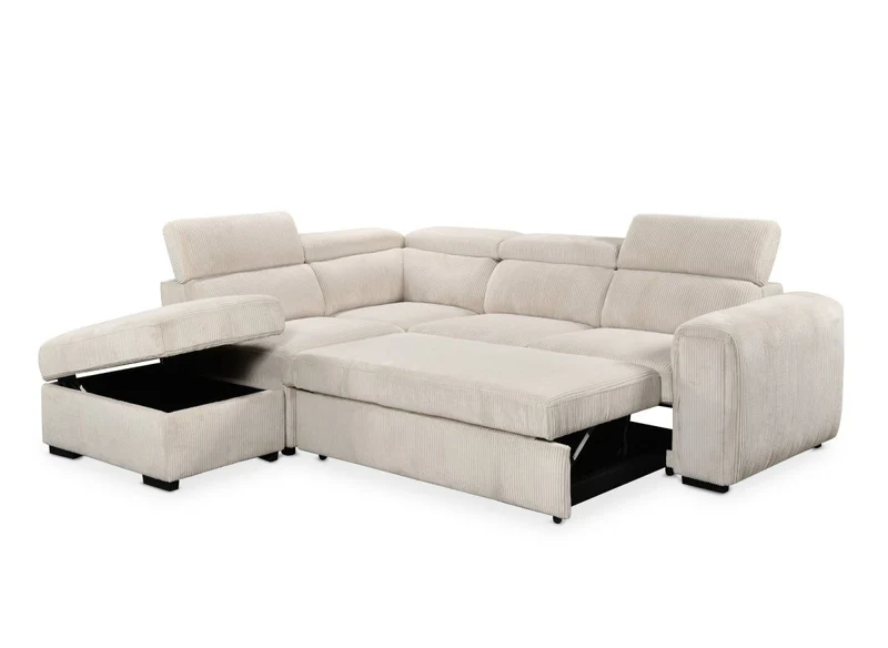 Canapé d'angle convertible avec coffre en velours côtelé épais beige ZENOVA - Angle gauche