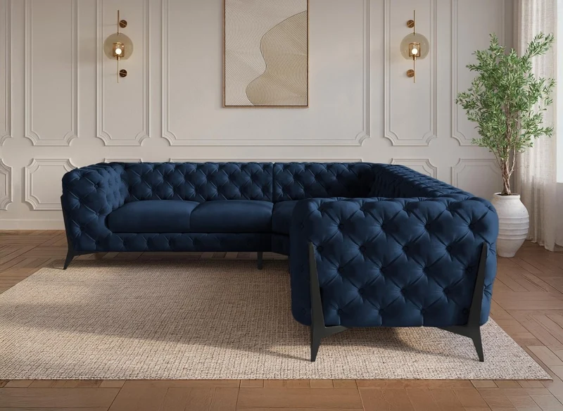 Canapé d'angle fixe capitonné chesterfield velours bleu CARMEN