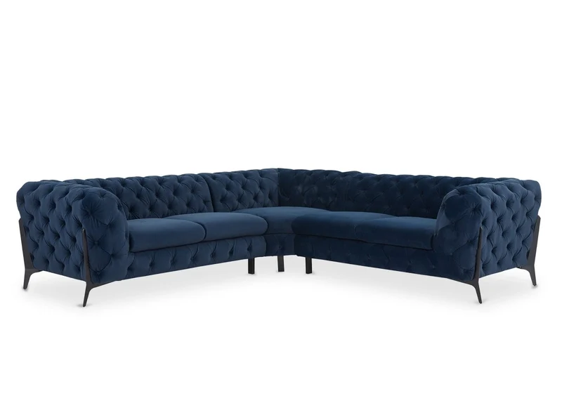 Canapé d'angle fixe capitonné chesterfield velours bleu CARMEN