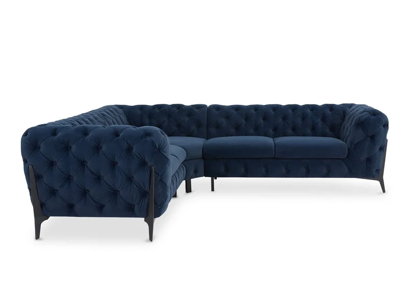 Canapé d'angle fixe capitonné chesterfield velours bleu CARMEN