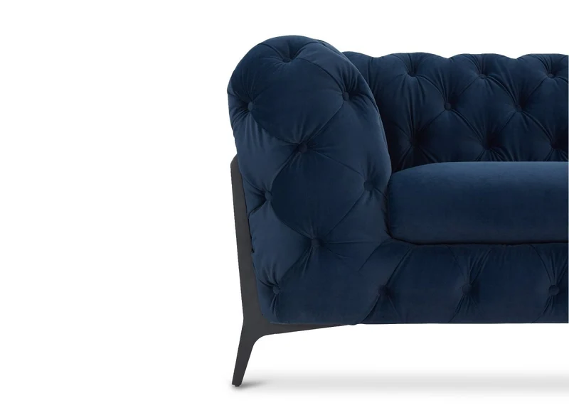 Canapé d'angle fixe capitonné chesterfield velours bleu CARMEN