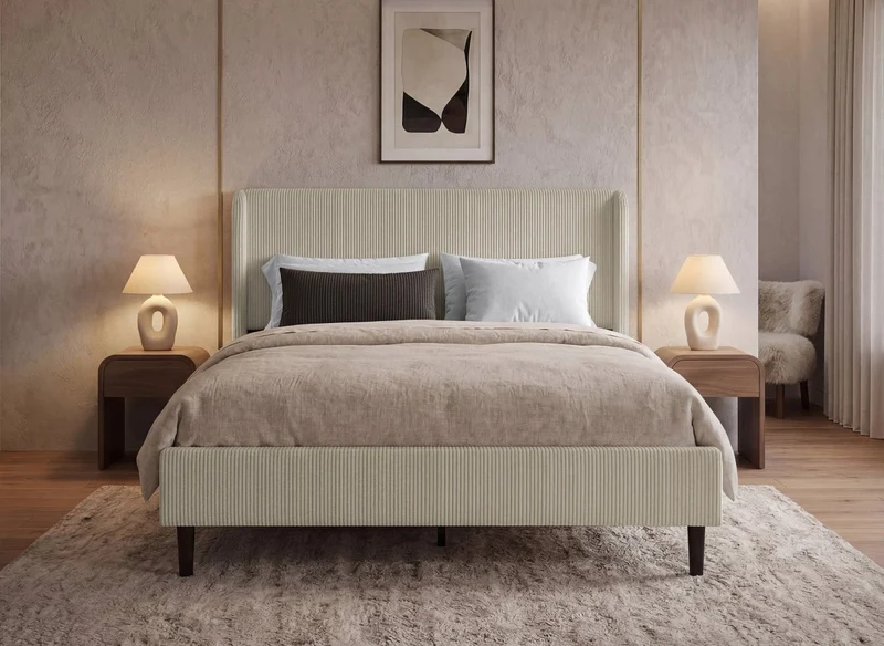 Lit double en velours côtelé épais taupe 140x190cm LEVY