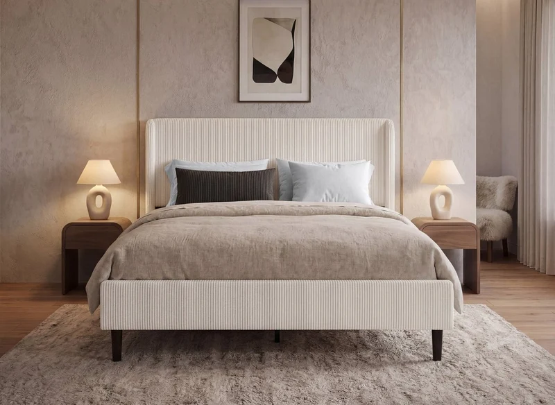 Lit double en velours côtelé épais beige 140x190cm LEVY