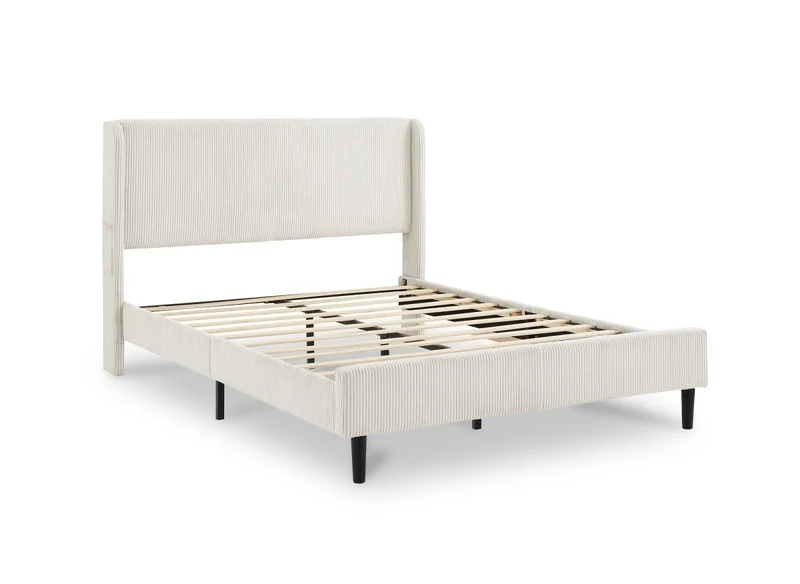Lit double en velours côtelé épais beige 140x190cm LEVY