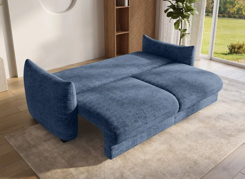 Canapé convertible 3 places avec coffre en velours chiné bleu COLBY