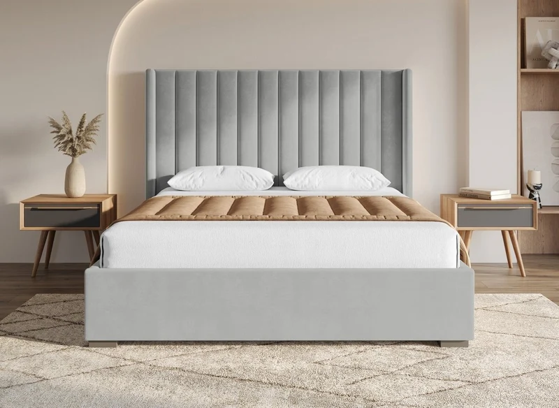 Lit coffre en velours gris 180x200 ALENA