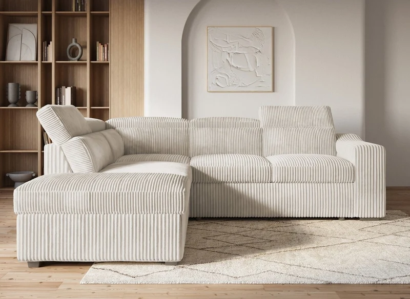 Canapé d'angle convertible avec coffre en velours beige côtelé MARTY - Angle gauche