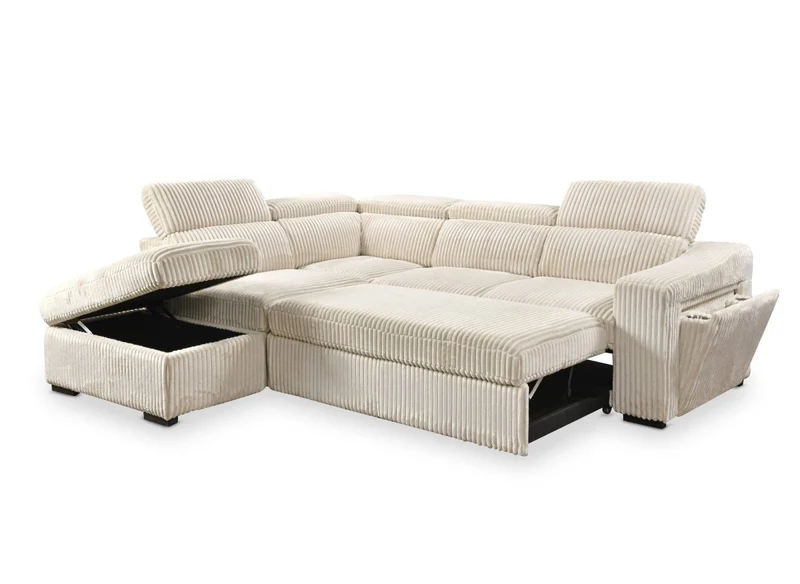 Canapé d'angle convertible avec coffre en velours beige côtelé MARTY - Angle gauche