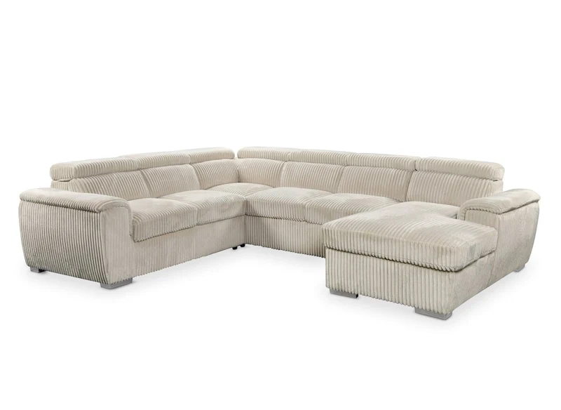 Canapé panoramique convertible avec coffre en velours côtelé épais beige GAELLE - Angle Droit