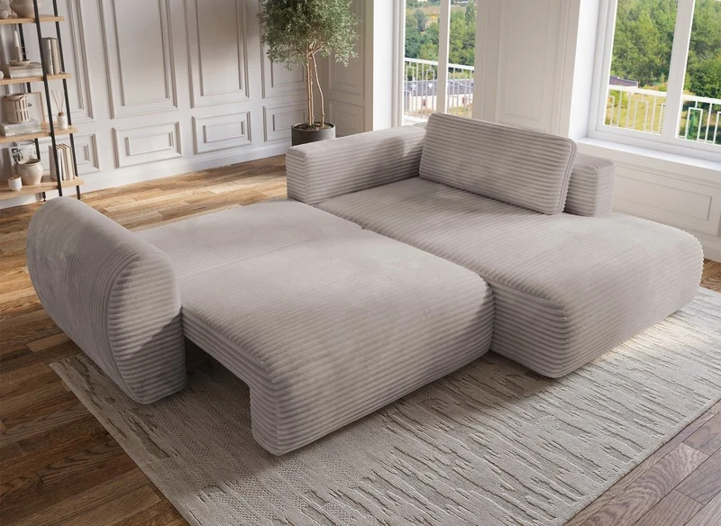 Canapé d'angle convertible avec méridienne et coffre en gros côtelé doux taupe TILDA - Angle droit