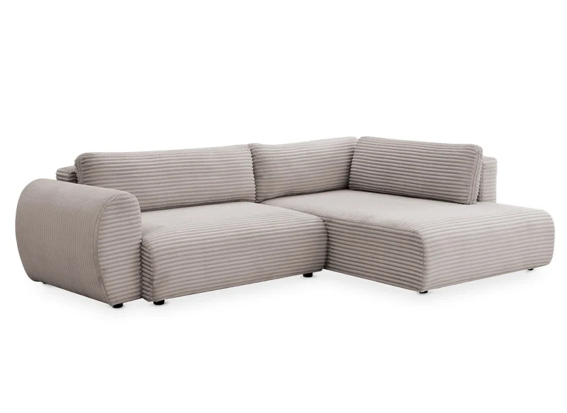 Canapé d'angle convertible avec méridienne et coffre en gros côtelé doux taupe TILDA - Angle droit