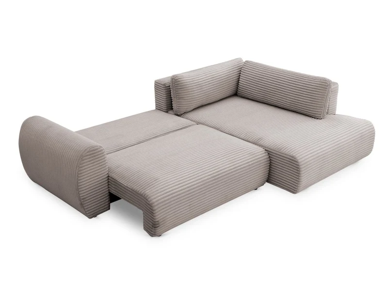 Canapé d'angle convertible avec méridienne et coffre en gros côtelé doux taupe TILDA - Angle droit