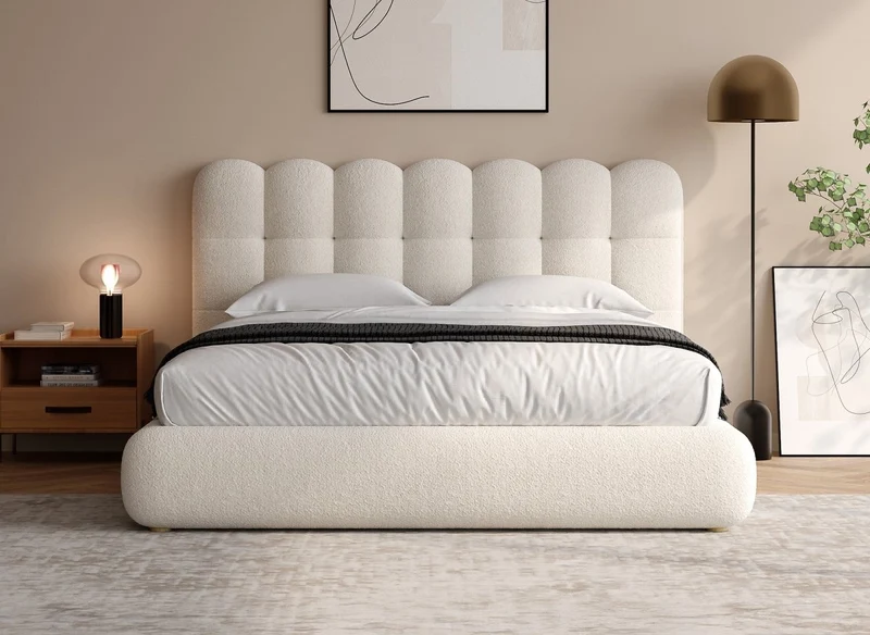 Lit double en tissu bouclette beige 160x200cm BISCUIT