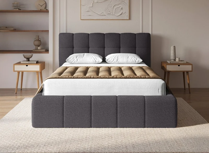 Lit coffre en tissu bouclette gris 140x190 cm MILIE