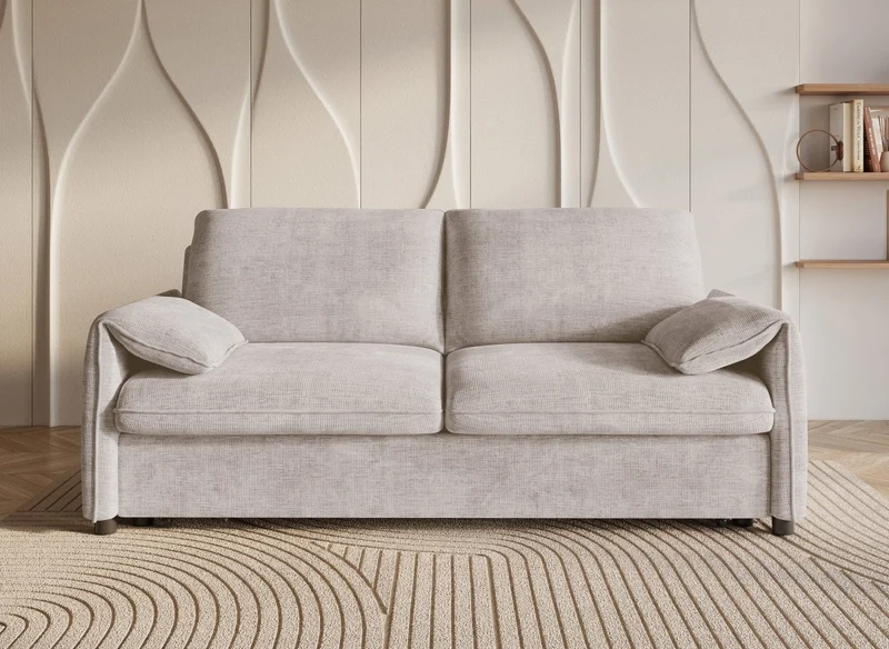 Canapé droit convertible 3 places en velours chiné beige LAMAR