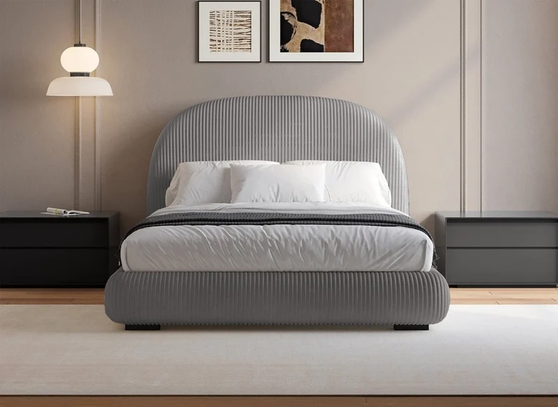 Lit double en velours côtelé épais gris 160x200cm COSY
