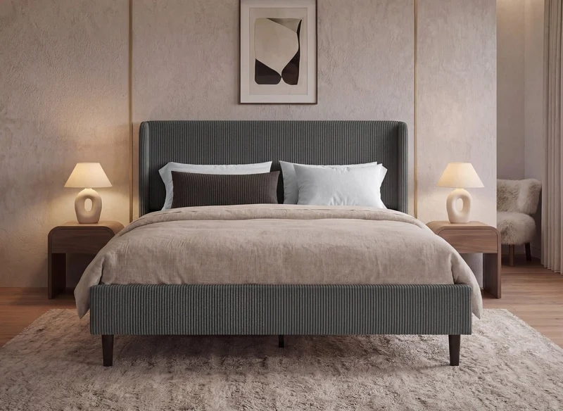 Lit double en velours côtelé épais gris foncé 160x200cm LEVY