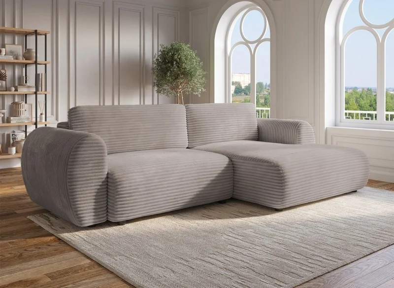 Canapé d'angle convertible avec coffre en velours gros côtelé doux taupe TILDA - Angle droit