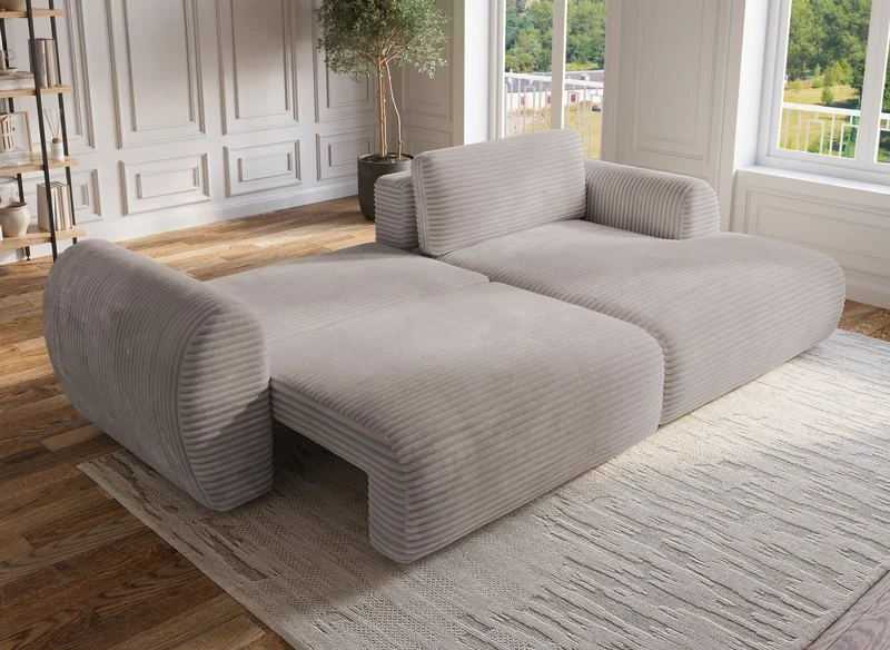 Canapé d'angle convertible avec coffre en velours gros côtelé doux taupe TILDA - Angle droit