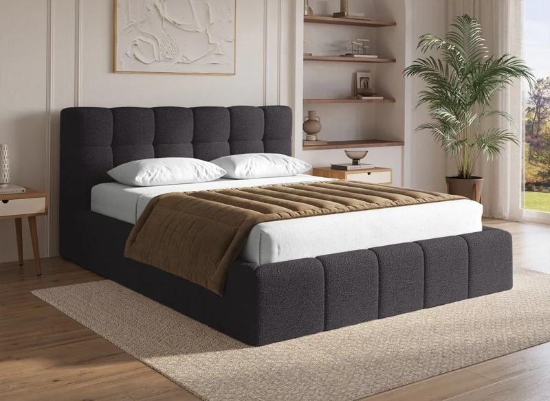 Lit coffre en tissu bouclette gris 160x200 cm MILIE