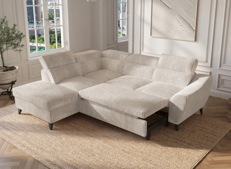 Canapé d'angle convertible avec coffre en velours côtelé épais beige DALTON - Angle gauche