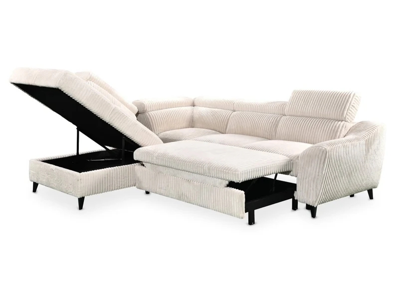 Canapé d'angle convertible avec coffre en velours côtelé épais beige DALTON - Angle gauche