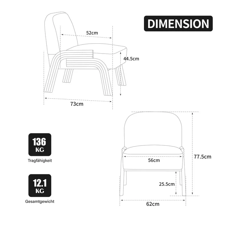 Fauteuil lounge scandinave en tissu chenille ivoire confort moderne 72x61x78cm BIRCHCHAIR