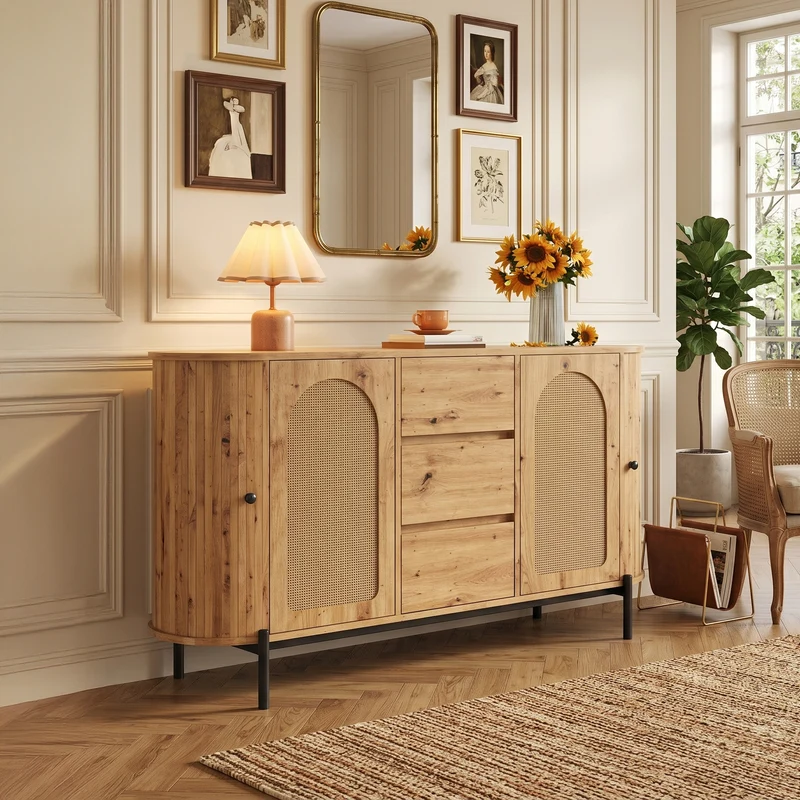 Buffet effet bois 2 portes en rotin et 3 tiroirs 140x 38x77,5cm BIRCHONE