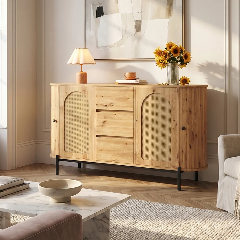 Buffet effet bois 2 portes en rotin et 3 tiroirs 140x 38x77,5cm BIRCHONE