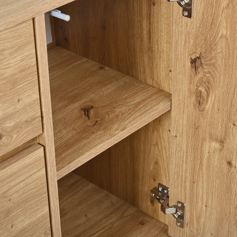 Buffet effet bois 2 portes en rotin et 3 tiroirs 140x 38x77,5cm BIRCHONE